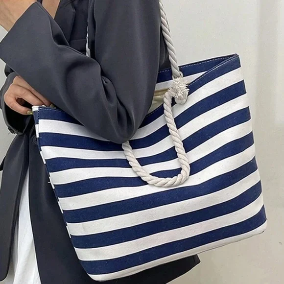 Zippered Striped Canvas Bag Navy Blue & White with Rope Handles - Picture 2 of 7
